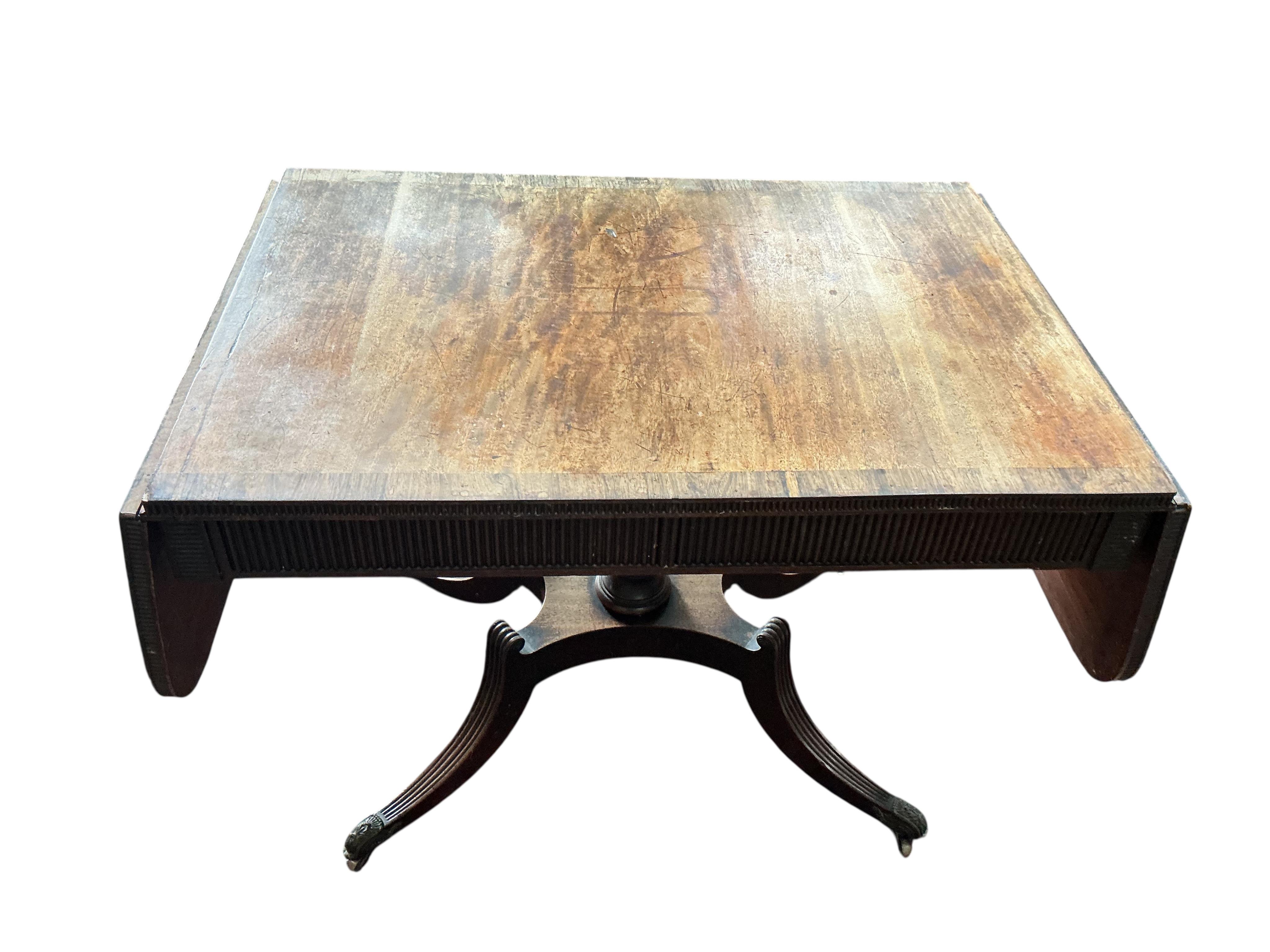 A Regency banded mahogany sofa table, width 102cm, depth 69cm, height 75cm